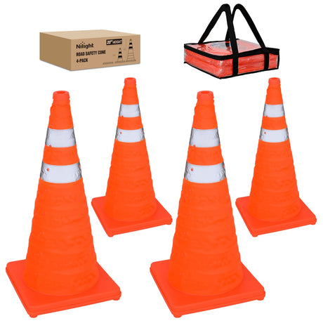 28 Inch Collapsible Traffic Safety Cones 4 Pack - Bright Orange Parking Cones with Reflective Collars for Roadside Emergency, Parking, Driving Practice