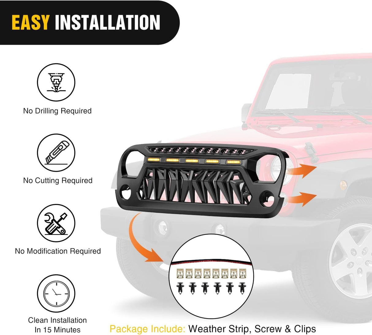 Front Grill Cover for 2007 2008 2009 2010 2011 2012 2013 2014 2015 2016 2017 2018 Wrangler JK/JKU Rubicon & Sahara Sport with LED Amber Lights Black