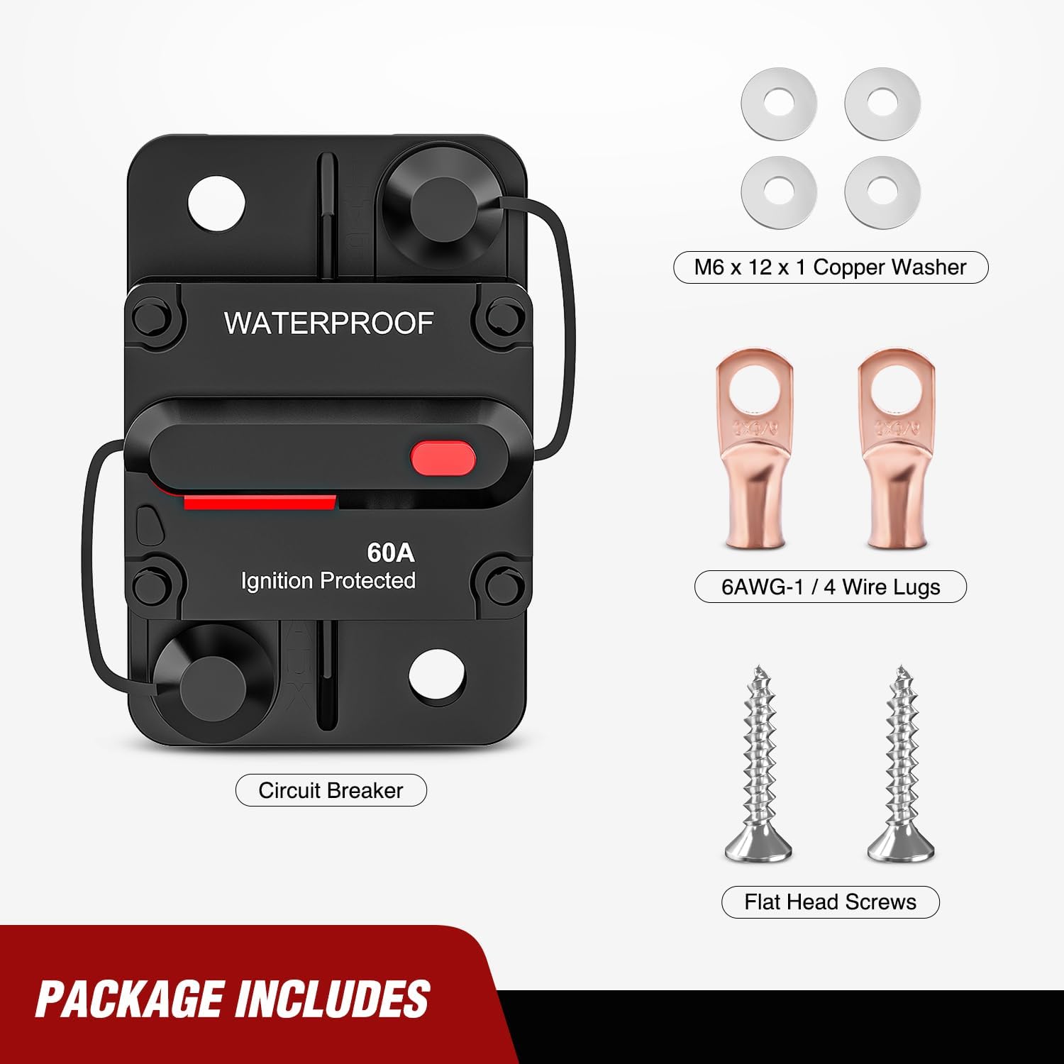 60A Circuit Breaker Resettable 12-48V DC Manual Reset w/Copper Wire Lugs Surface Mount Overload Protection Nilight