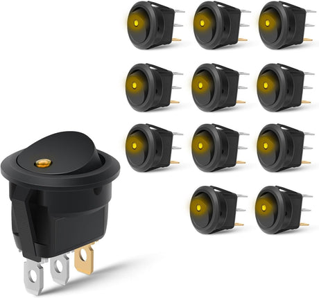 12PCS Round Rocker Switches 12V 24V 20A Yellow LED Toggle swtiches SPST 3 Pin 2 Position for Car Truck Vehicle Boat Marine Rocker On Off Control