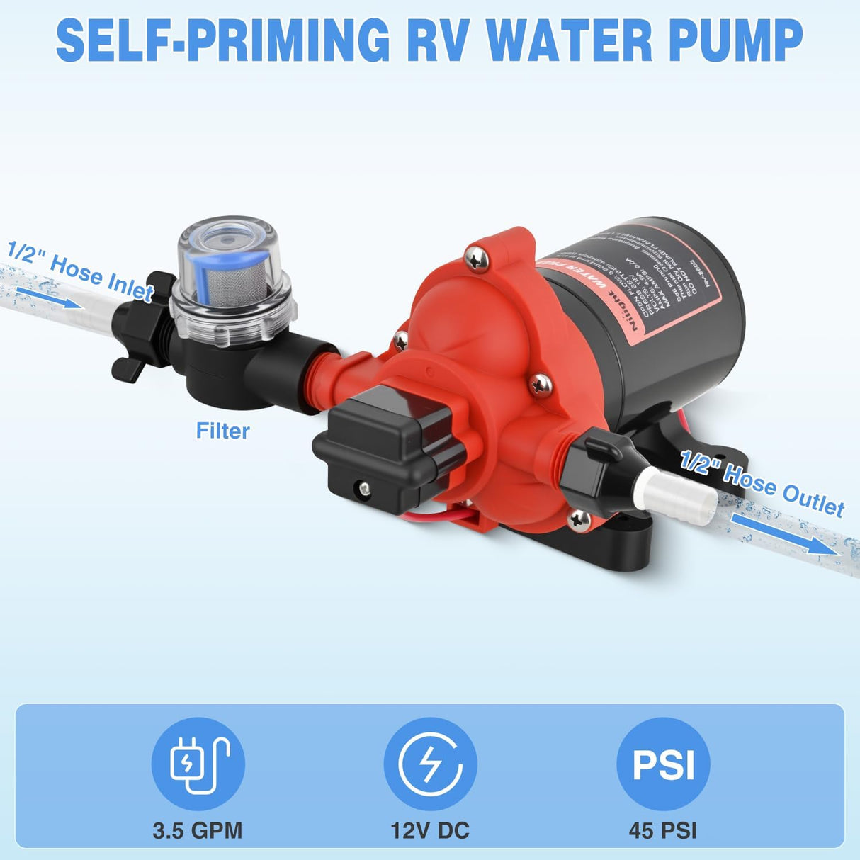 RV Water Pump, 12v Water Pump 3.5 GPM 45 PSI with Pressure Switch and Strainer Heavy Duty Diaphragm Pump 12 Volt DC Upgrade Self-Priming Low Noice for RV Marine Yacht Caravan Camper Trailer