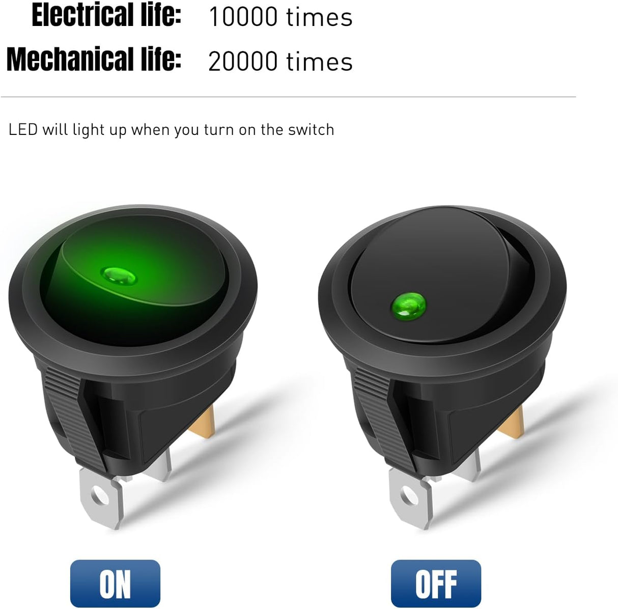 12PCS Round Rocker Switches 12V 24V 20A Green LED Toggle swtiches SPST 3 Pin 2 Position for Car Truck Vehicle Boat Marine Rocker On Off Control