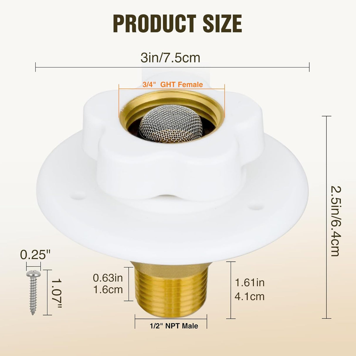 RV City Water Inlet with Check Valve 1/2 Inch NPT Male to 3/4 Inch GHT Female Brass City Water Fill Inlet Flange Connection Fittings for RV Camper Trailer Marine Hose Water Connector Replacement White