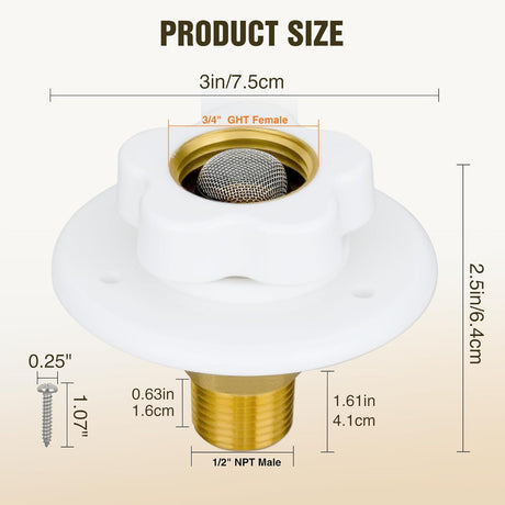 RV City Water Inlet with Check Valve 1/2 Inch NPT Male to 3/4 Inch GHT Female Brass City Water Fill Inlet Flange Connection Fittings for RV Camper Trailer Marine Hose Water Connector Replacement White
