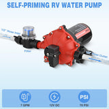 RV Water Pump 12v Camper Water Pump 7.0 GPM 70 PSI with Pressure Switch Strainer Heavy Duty Diaphragm Pump 12 Volt DC Upgrade Self-Priming Low Noice for RV Marine Yacht Caravan Camper Trailer