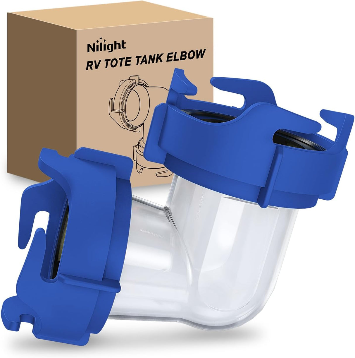 90 Degree RV Tote Tank Adapter, Clear RV Sewer Hose Elbow Fitting with 4 Swivel Bayonet Prongs Leak-Proof Double Odor-Tight Sealing Ring for RV Camping Portable Waste Tank Sewer Hoses, Blue