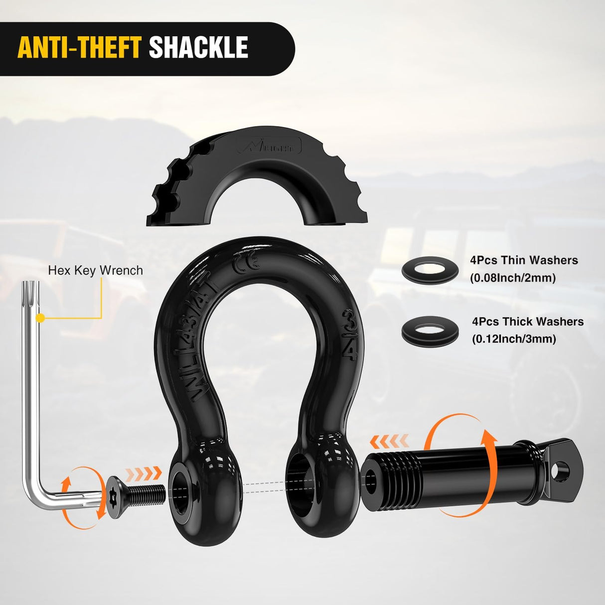 3/4 Inch D Ring Anti-Theft Shackle Tow Hook Jeep Truck SUV ATV UTV | Off Road Recovery Gear 19T 41,887 lbs Break Strength 4.75T WLL Rust-Resistant Anti-Rattle Isolators Heavy Duty Black 2pack