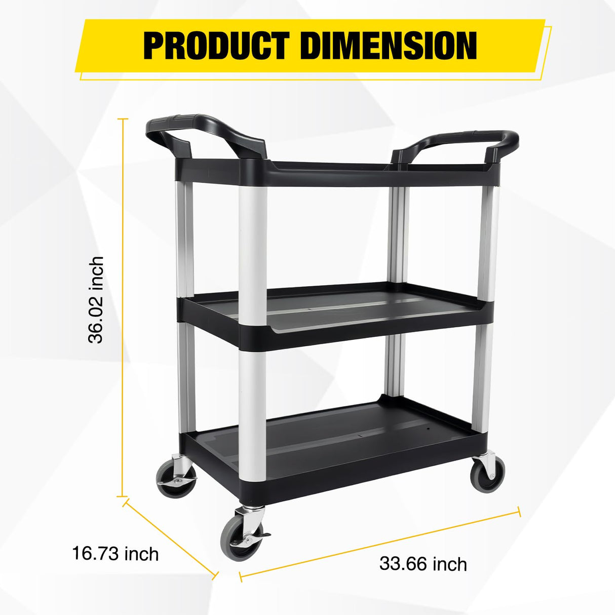 3-Tier Utility Plastic Cart with Steel Frame - 220 lbs Capacity Rolling Service Cart with Locking Wheels - Professional Bus Cart