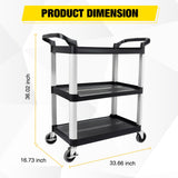 3-Tier Utility Plastic Cart with Steel Frame - 220 lbs Capacity Rolling Service Cart with Locking Wheels - Professional Bus Cart