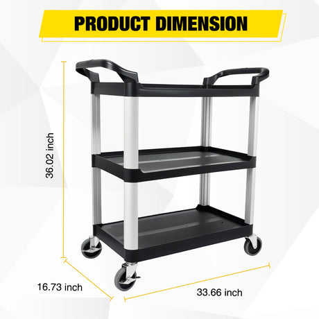 3-Tier Utility Plastic Cart with Steel Frame - 220 lbs Capacity Rolling Service Cart with Locking Wheels - Professional Bus Cart