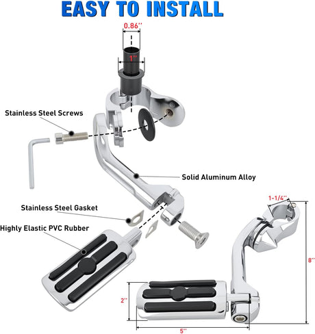 1.25 Inch Motorcycle Highway Pegs For Harley Davidson Touring Road King Street Glide Sportster, Adjustable Long Angled Foot Pegs Clamp Universal For 1-1/4 Inch Engine Guard Crash Bars Highway Footpegs