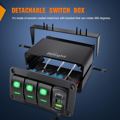 Rocker Switch 3 Gang Rocker Switch Box 12V SPST ON Off Toggle Switches PD Type C and QC USB Charger Voltmeter LED Light Waterproof Aluminum Mount Bracket Panel DIY Stickers for Boat Car RV Truck