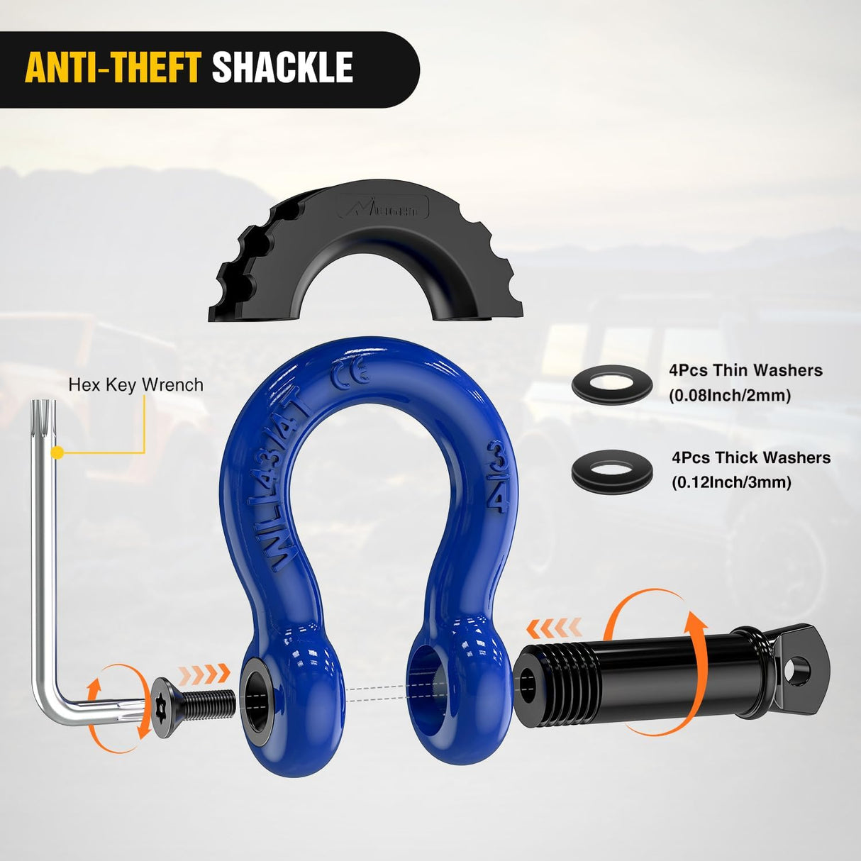 3/4 Inch D Ring Anti-Theft Shackle Tow Hook Jeep Truck SUV ATV UTV | Off Road Recovery Gear 19T 41,887 lbs Break Strength 4.75T WLL Rust-Resistant Anti-Rattle Isolators Heavy Duty Blue 2pack