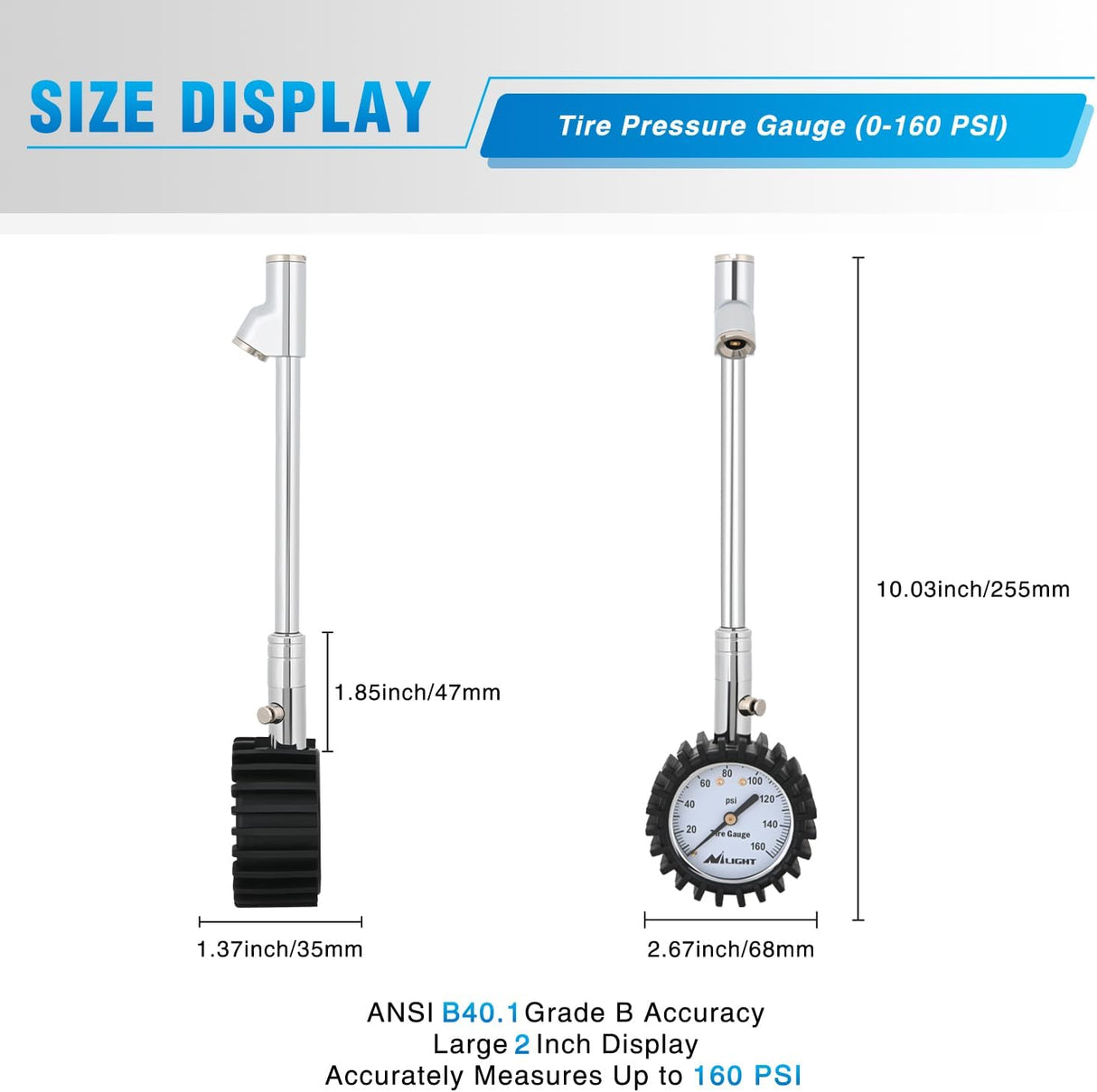 Tire Pressure Gauge 160PSI Heavy Duty Stainless Steel Dual Head Air Pressure Chucks ANSI B40.1 Certified Large 2 Inch Dial Wheel Checker for Truck Semi Truck ATV Motorhome Cars & RV Accessories