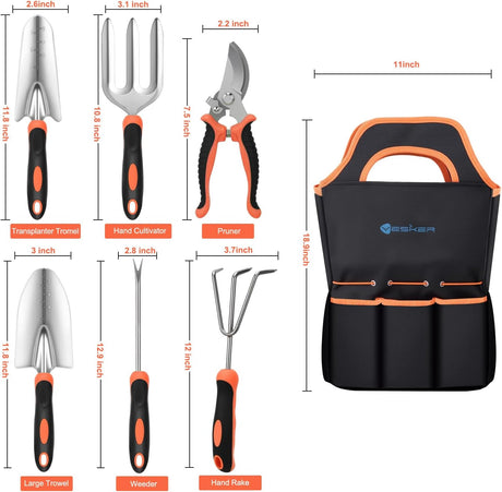 Gardening Tools 7-Piece Heavy Duty Garden Tool Set Gardening Supplies Gifts for Women Men Gardening Hand Tool Kit with Non-Slip Ergonomic Handle, Garden Bag, Pruning Shears, Black Orange