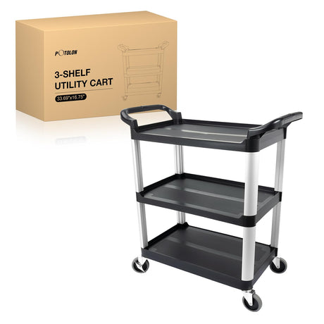 3-Tier Utility Plastic Cart with Steel Frame - 220 lbs Capacity Rolling Service Cart with Locking Wheels - Professional Bus Cart