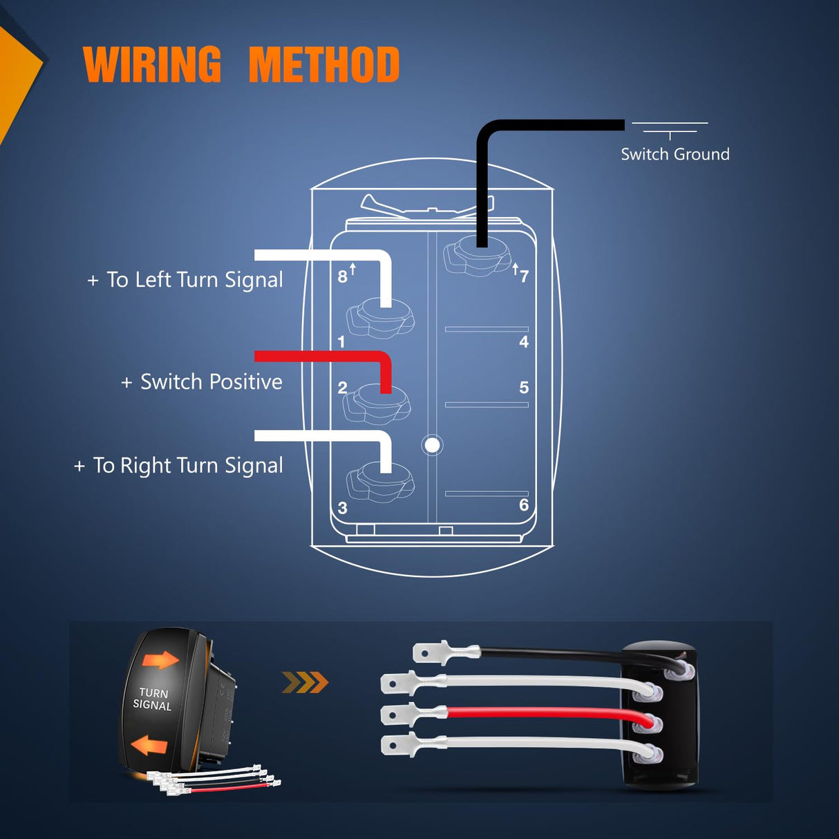 Turn Signal Switch Amber 4Pin ON Off ON Rocker Switch Laser Etched SPDT Toggle Switches 12V 20A 24V 10A Jumper Wires for Cars RVs Boats Campers Trailers