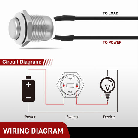 12mm Momentary Push Button Switch 6PCS with Pre Wired Harness 12V Waterproof Stainless Steel Small Round Power Push Button Switches 2 Pin for Car Automotive Truck Boat Marine Off-Road Vehicle