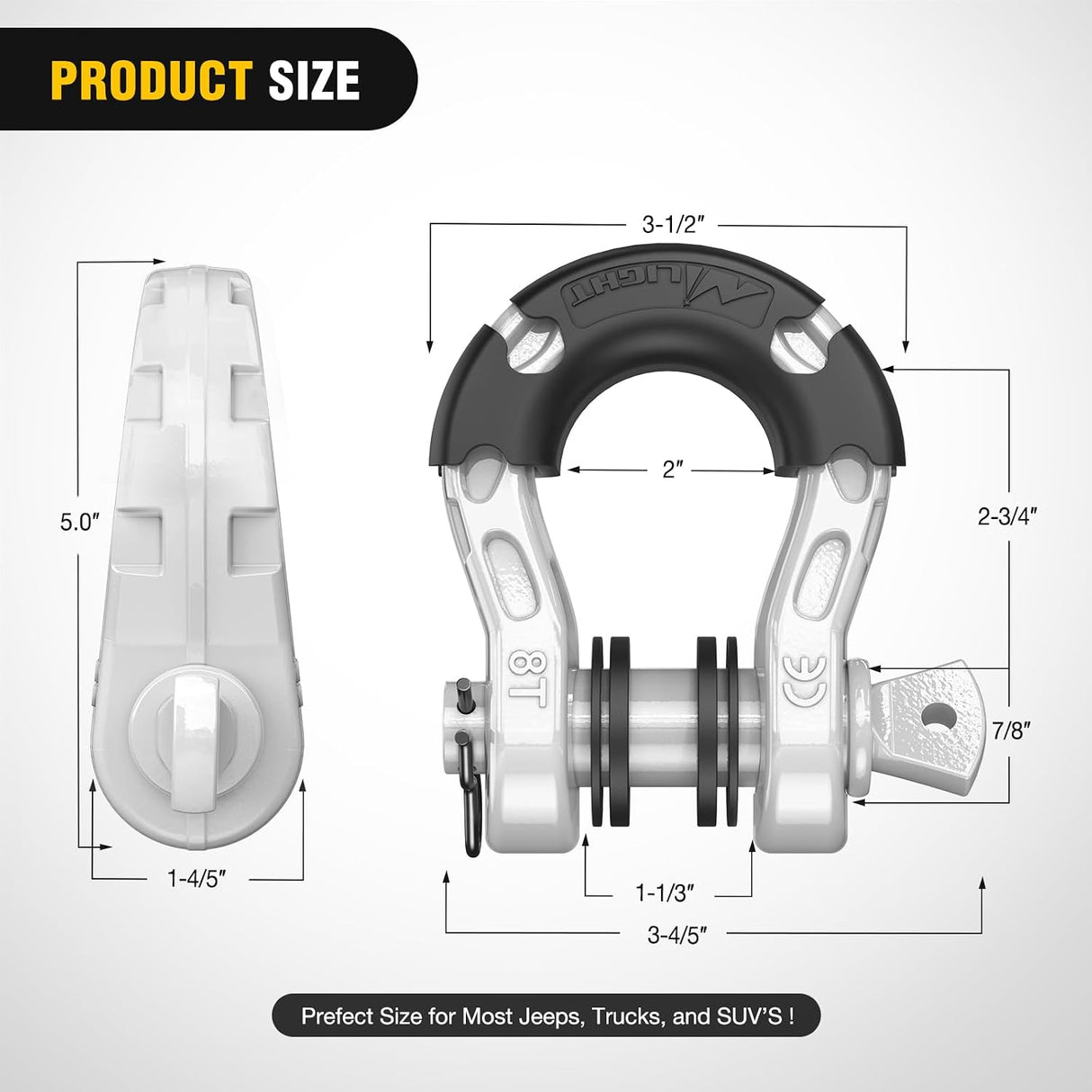 Mega D-Ring Shackles, 3/4 Inch Heavy Duty Recovery Tow Shackle | 7/8 Inch Screw Pin, 2Pcs White, 68,000 lbs Break Strength(17,000 lb WLL), Forged Steel, Off-Road Recovery, Fits Tow Strap Winch