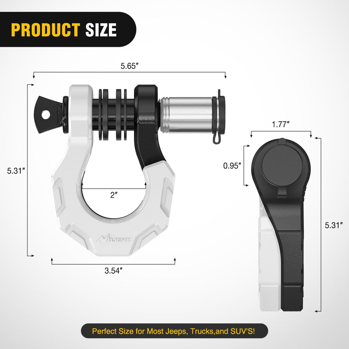 2 Pack 3/4 Inch D-Ring Separate Shackle 45,000 Lbs Break Strength | Includes 7/8 Inch Lock Pin, Isolators and Washers Off Road Recovery, for Tow Strap Winch Truck Vehicle Black&White