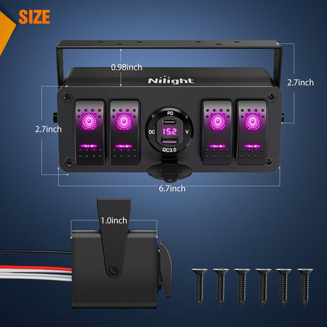 4 Gang Rocker Switch Box 12V SPST ON Off Toggle Switches PD Type C and QC 3.0 USB Sockcet Voltmeter Purple LED Light Waterproof Aluminum Mount Bracket Panel DIY Stickers for Boat Car RV Truck