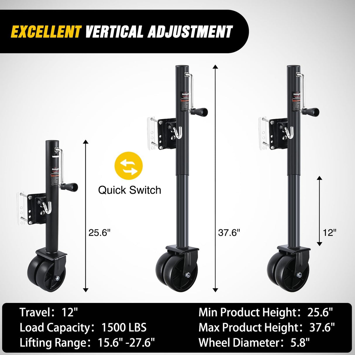 Trailer Jack with Wheel 1500 LBS 12 Inch Vertical Travel Swivel Bolt-on Heavy Duty Trailer Tongue Jacks Wheel Alloy Steel Utility Boat Trailers Stabilizer Jack Stand for Trailers RV Camper Black