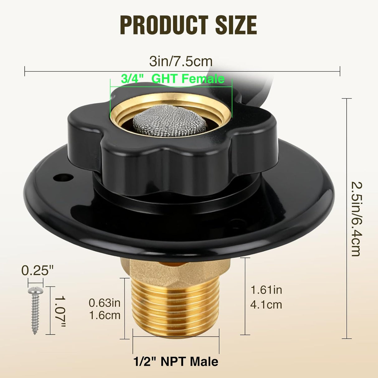RV City Water Inlet with Check Valve 1/2 Inch NPT Male to 3/4 Inch GHT Female Brass City Water Fill Inlet Flange Connection Fittings for RV Camper Trailer Marine Hose Water Connector Replacement Black