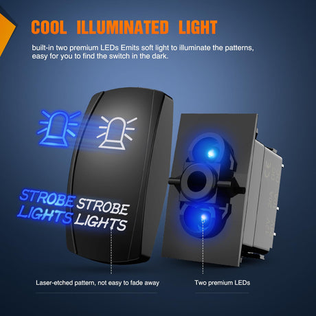 Strobe Lights Rocker Switch Led Light Bar 5 Pin Laser On Off SPST Switches 20A/12V 10A/24V Blue with Jumper Wires Set for Cars Trucks Boats ATVs UTVs RVs