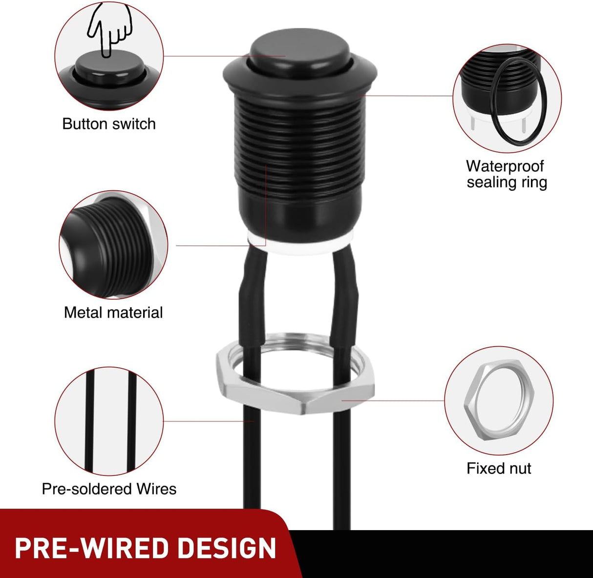 12mm Momentary Push Button Switch 6PCS with Pre Wired Harness 12V Waterproof Black Metal Small Round Power Push Button Switches 2 Pin for Car Automotive Truck Boat Marine Off-Road Vehicle