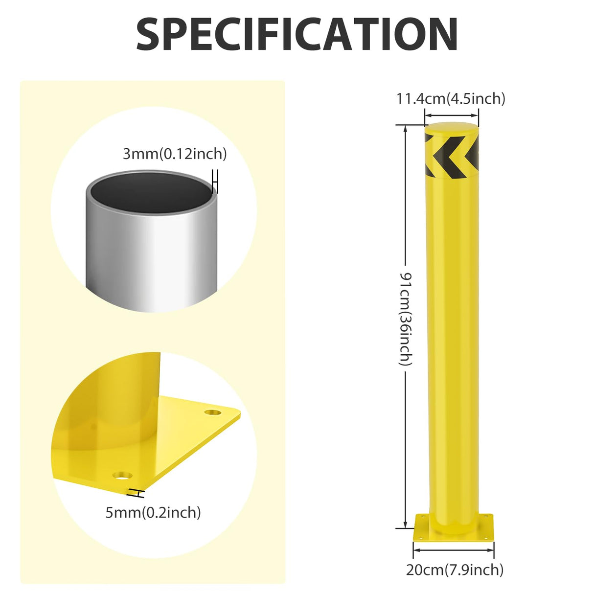 Safety Bollard, 36 inches Height Steel Bollard Post High High Visibility, 1 Pack