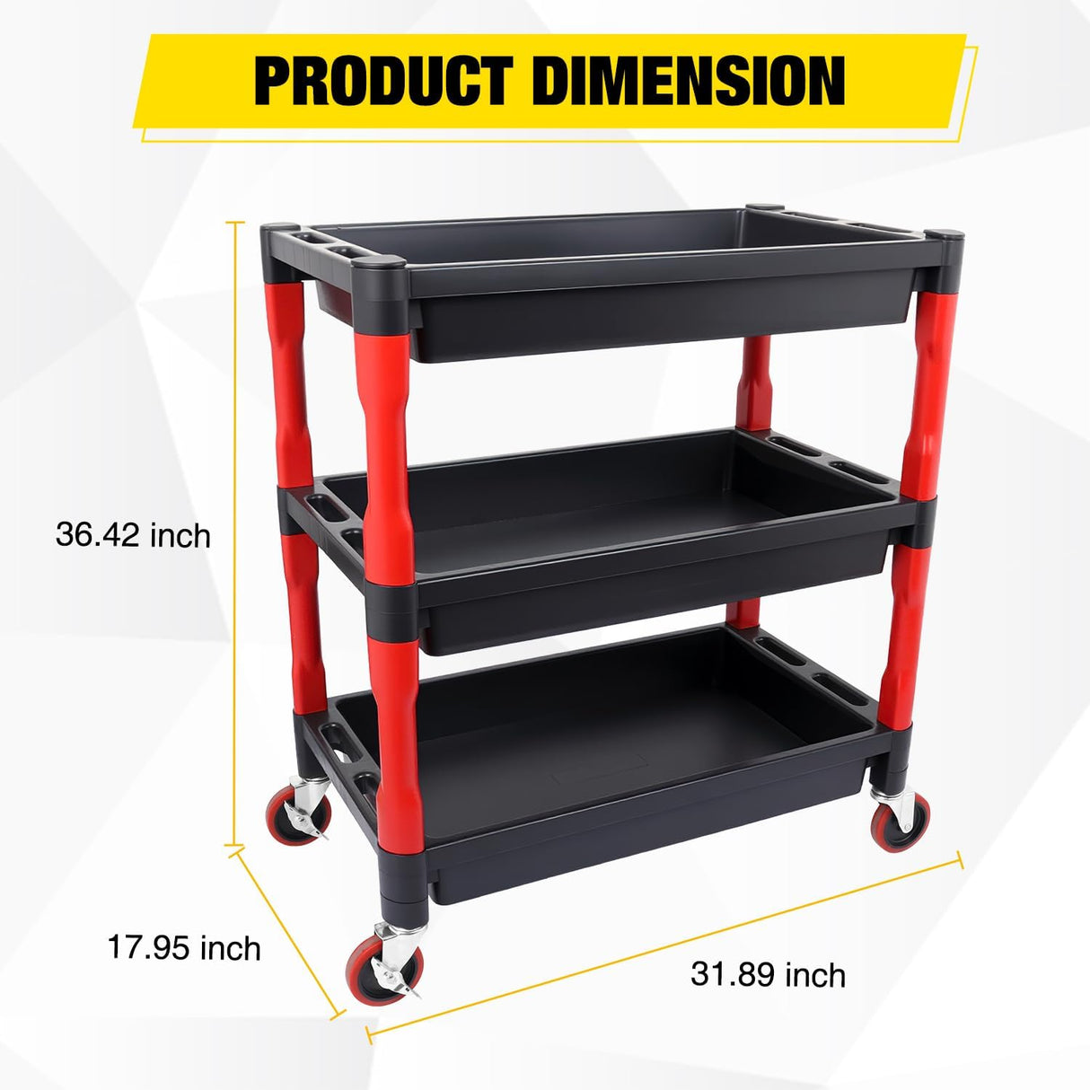 3-Tier Rolling Utility Cart with 4 Inch Swivel Wheels, Heavy-Duty Plastic Tool Cart for Auto Detailing, Garage & Workshop
