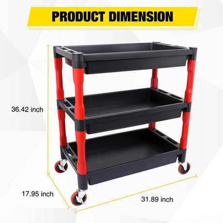 3-Tier Rolling Utility Cart with 4 Inch Swivel Wheels, Heavy-Duty Plastic Tool Cart for Auto Detailing, Garage & Workshop