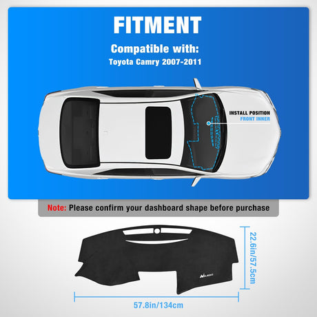 Dash Cover for Toyota Camry 2007 2008 2009 2010 2011, Custom Fit Suede Dashboard Mat Non‑Slip Sunshade Glare Protector Interior Accessories Black