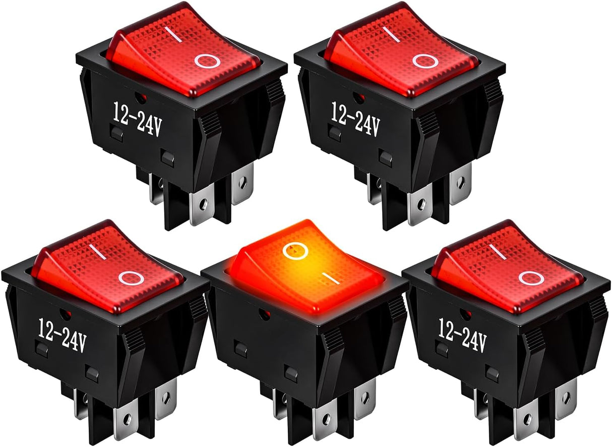 12V 24V Rocker Switches Red LED Lighted 4 Pin 2 Position ON Off Toggle Switch 5PCS KCD4 DPST for Car Automotive Truck Boat Marine Off-Road Vehicle