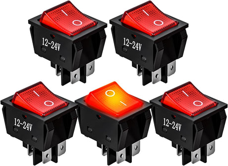 12V 24V Rocker Switches Red LED Lighted 4 Pin 2 Position ON Off Toggle Switch 5PCS KCD4 DPST for Car Automotive Truck Boat Marine Off-Road Vehicle