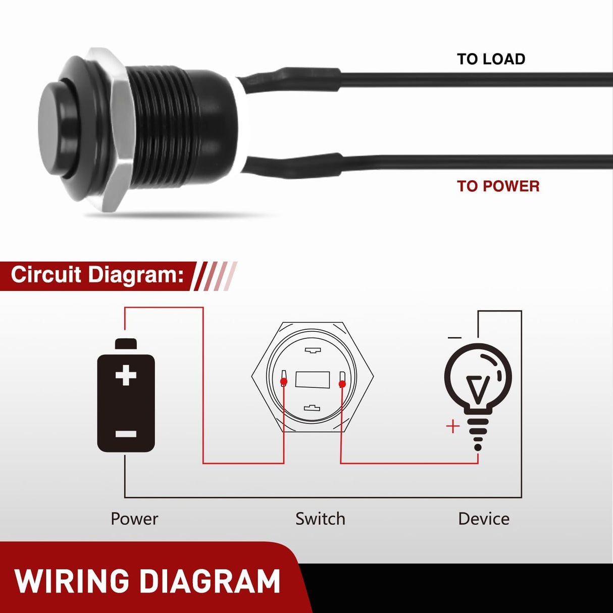 12mm Momentary Push Button Switch 6PCS with Pre Wired Harness 12V Waterproof Black Metal Small Round Power Push Button Switches 2 Pin for Car Automotive Truck Boat Marine Off-Road Vehicle