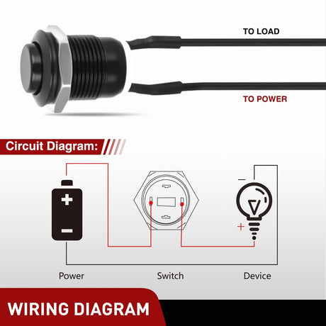 12mm Momentary Push Button Switch 6PCS with Pre Wired Harness 12V Waterproof Black Metal Small Round Power Push Button Switches 2 Pin for Car Automotive Truck Boat Marine Off-Road Vehicle