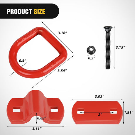4 PCS D Ring Tie Down Anchor 1/2 Inch Heavy Duty Rings with Screws Bolts on Trailer Truck Bed Cargo 12000 Lbs Break Strength Hook Red