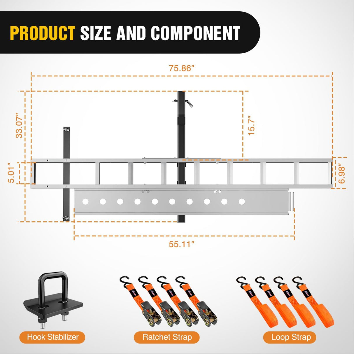 Motorcycle Hitch Carrier 400LBS, Lightweight Robust Aluminum Dirt Bike Hitch Hauler with 55.11 Inch Longer Ramp, Pin Lock, Tie-Down Strap and Tightener, 2 Inch Receiver, 5 Inch Wide Tire