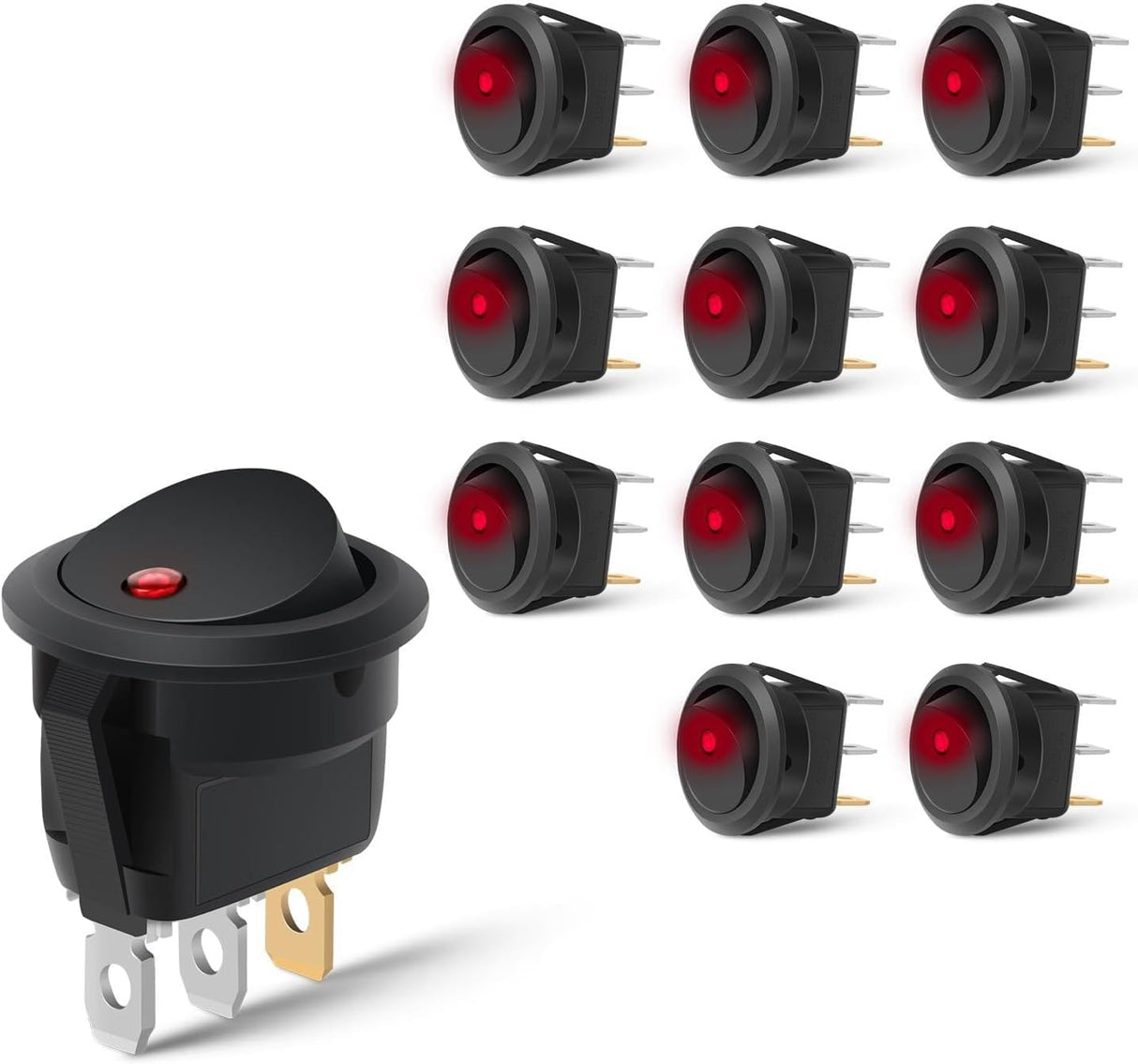 12PCS Round Rocker Switches 12V 24V 20A Red LED Toggle swtiches SPST 3 Pin 2 Position for Car Truck Vehicle Boat Marine Rocker On Off Control