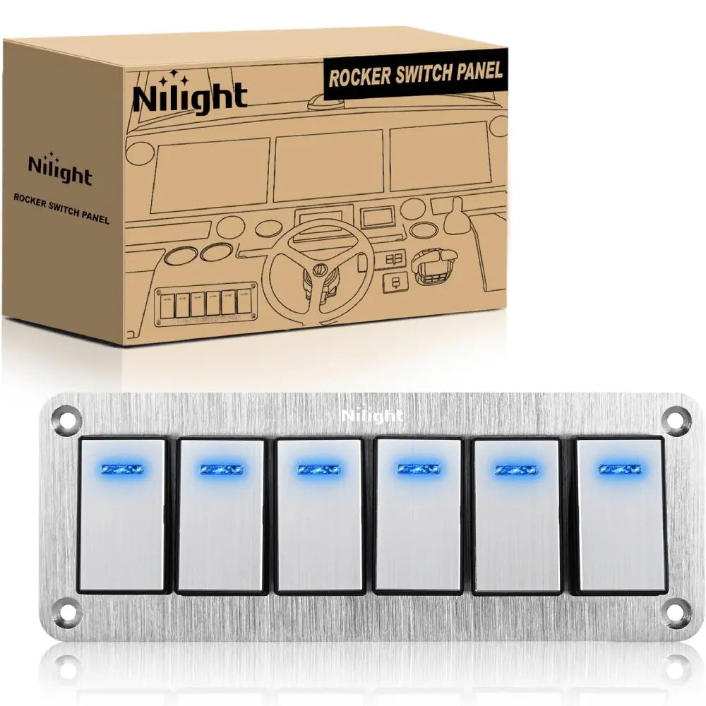 Panel Light Rocker Switch 6Gang Aluminum 3Pin ON/Off Blue Led Rocker Switch Panel - Nilight