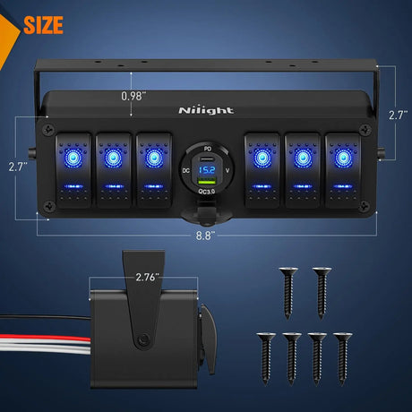 6Gang Aluminum 5Pin SPST Blue Rocker Switch Panel w/ PD Type C and USB Charger Voltmeter Nilight