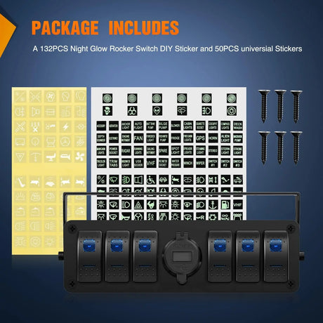 6Gang Aluminum 5Pin SPST Blue Rocker Switch Panel w/ PD Type C and USB Charger Voltmeter Nilight