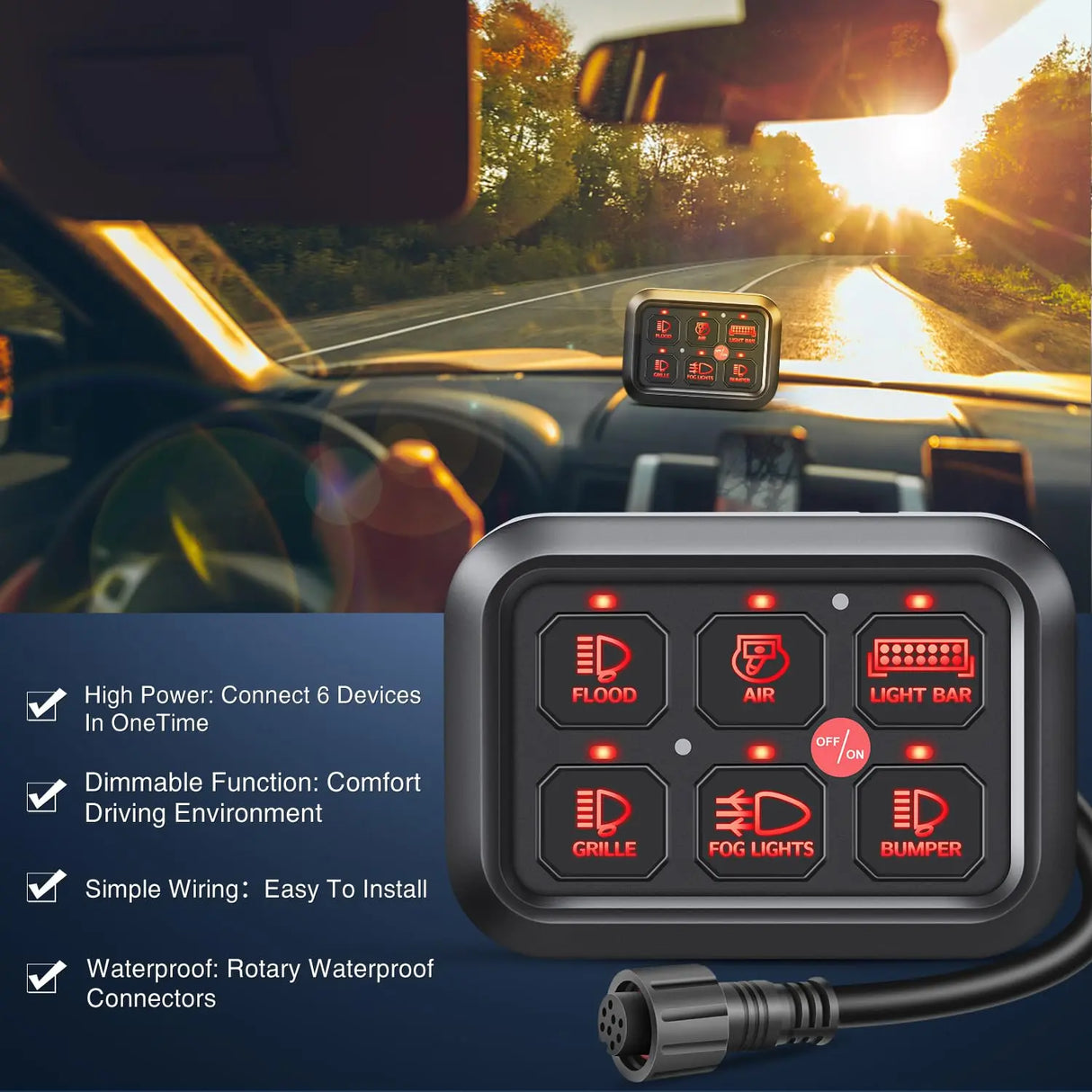 6Gang Multifunction Red Rocker Switch Panel System Nilight