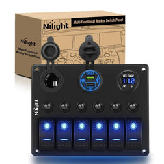 6Gang ON/Off Blue Rocker Switch Panel w/ PD Type C & Dual USB Cigarette Lighter Socket Voltmeter
