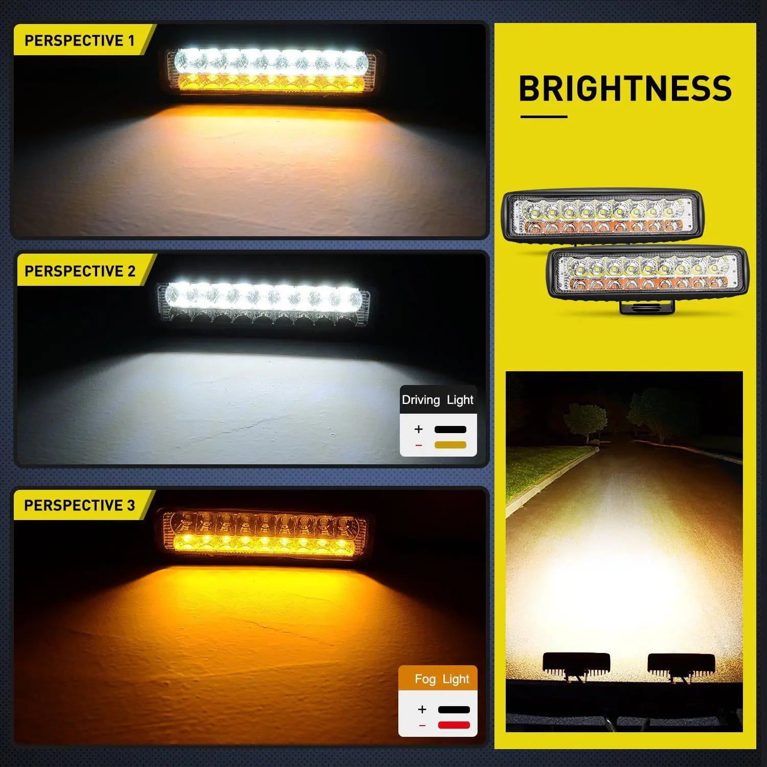 LED Light Bar 6" 54W 4800LM Amber White Flood Led Work Lights (Pair)