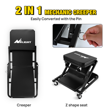 Nilight 36inch Z Creeper - 2-in-1 Folding Rolling Mechanic Seat 36 inches Adjustable Lay-Down or Sit Garage Chair, 330 lbs Capacity, Grey Black