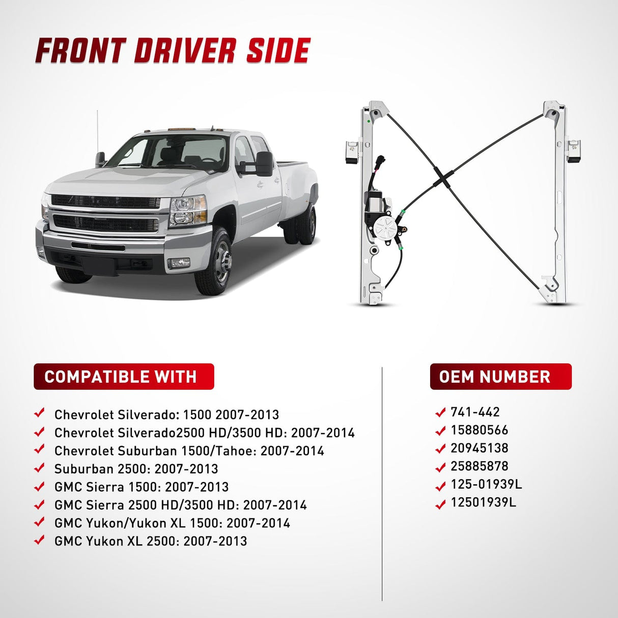 Nilight 741-442 Power Window Regulator Front Driver Side with Motor Compatible with Chevrolet Silverado 1500 2007-2013 Tahoe GMC Yukon Sierra 1500 2007 2008 2009 2010 2012 2013
