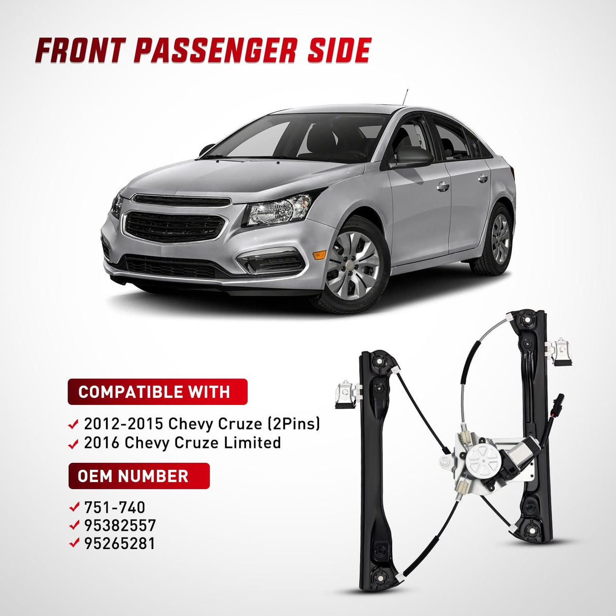 Nilight 751-740 Power Window Regulator with Motor for Front Passenger Side Compatible with Chevy Cruze 2012 2013 2014 2015 2016 Chevy Cruze Limited Front Right Side