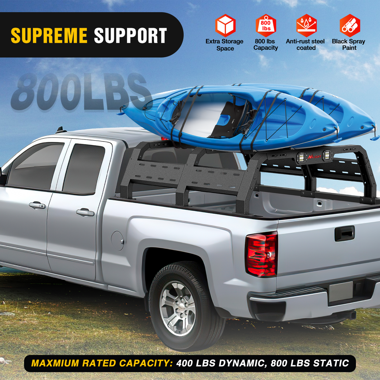 Nilight Truck Bed Cargo Rack Compatible with 2002-2024 Dodge Ram 1500 2014-2024 Chevy Silverado 1500 2009-2024 Ford F150 2007-2013 Toyota Tundra Overland Extender with 2Pcs LED Light Pods